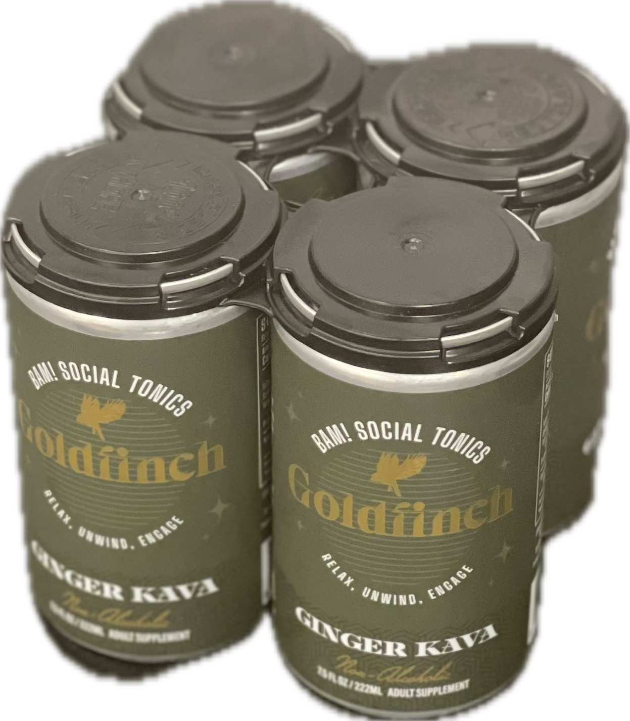 Cans of Goldfinch Ginger Kava — a non-alcoholic adult beverage to relax and unwind, by BAM! Social Tonics.