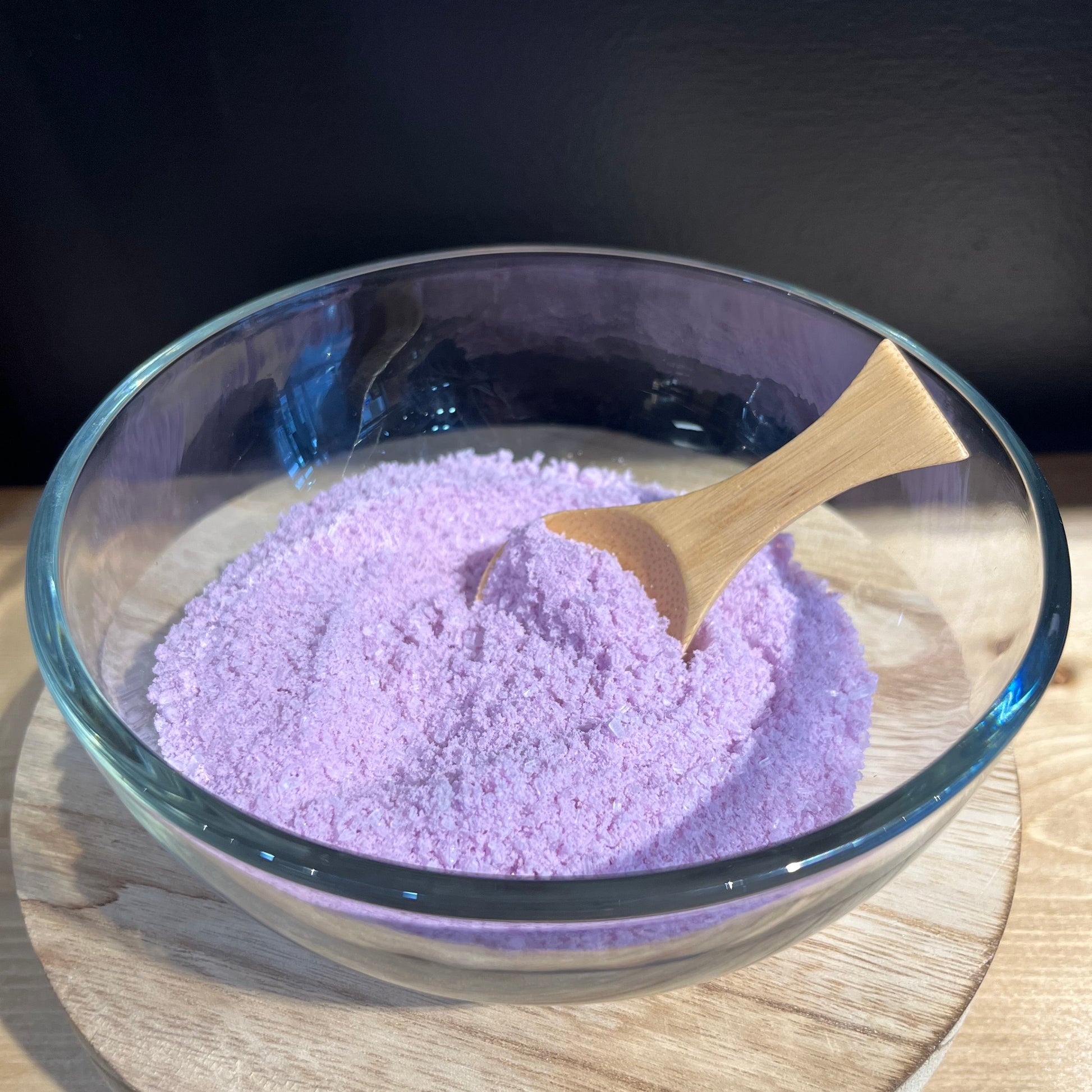 A bowl of the raw ingredients used in our Lavender scented hemp-based CBD mineral bath soak — relaxing, THC-free salt blend for soothing, naturally hydrating baths.
