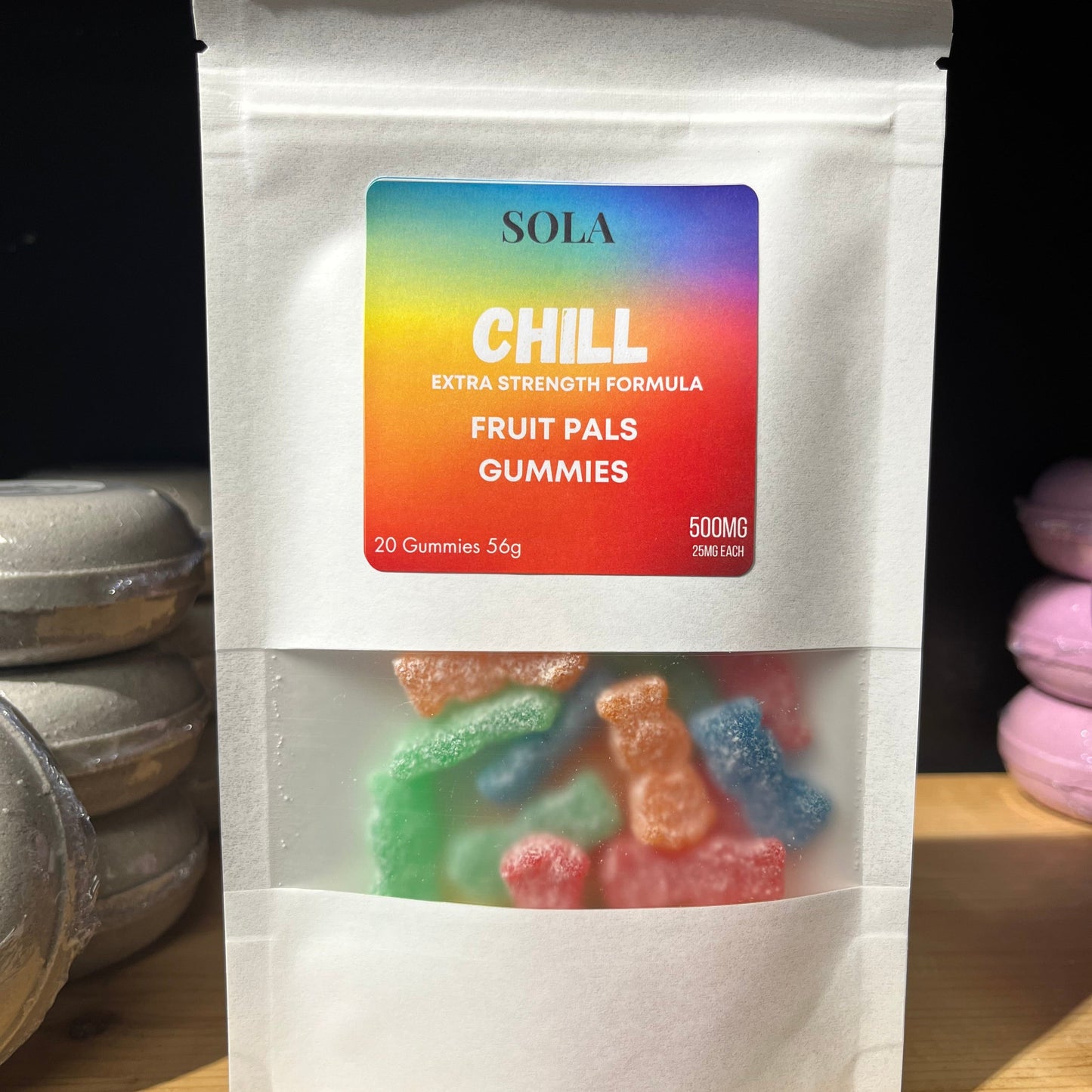 A close-up of our Chill Fruit Pals packaging — THC-free hemp-based CBD + CBG gummies — 25 mg each (500 mg total). Non-drowsy calm and pain relief.
