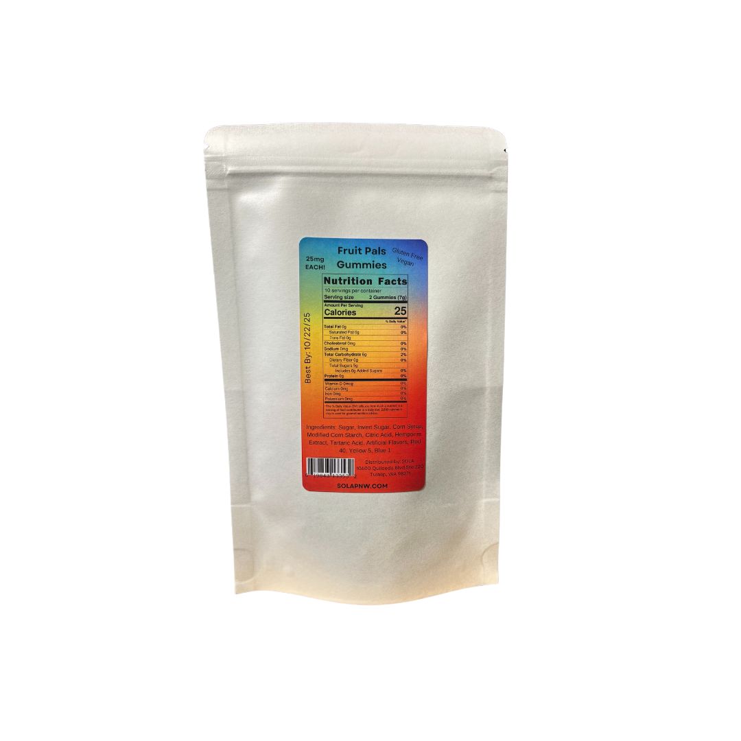 The back label of our Chill Fruit Pals — Extra-strength THC-free hemp-based CBD + CBG gummy bears — 25 mg each (500 mg total). Non-drowsy calm and pain relief.