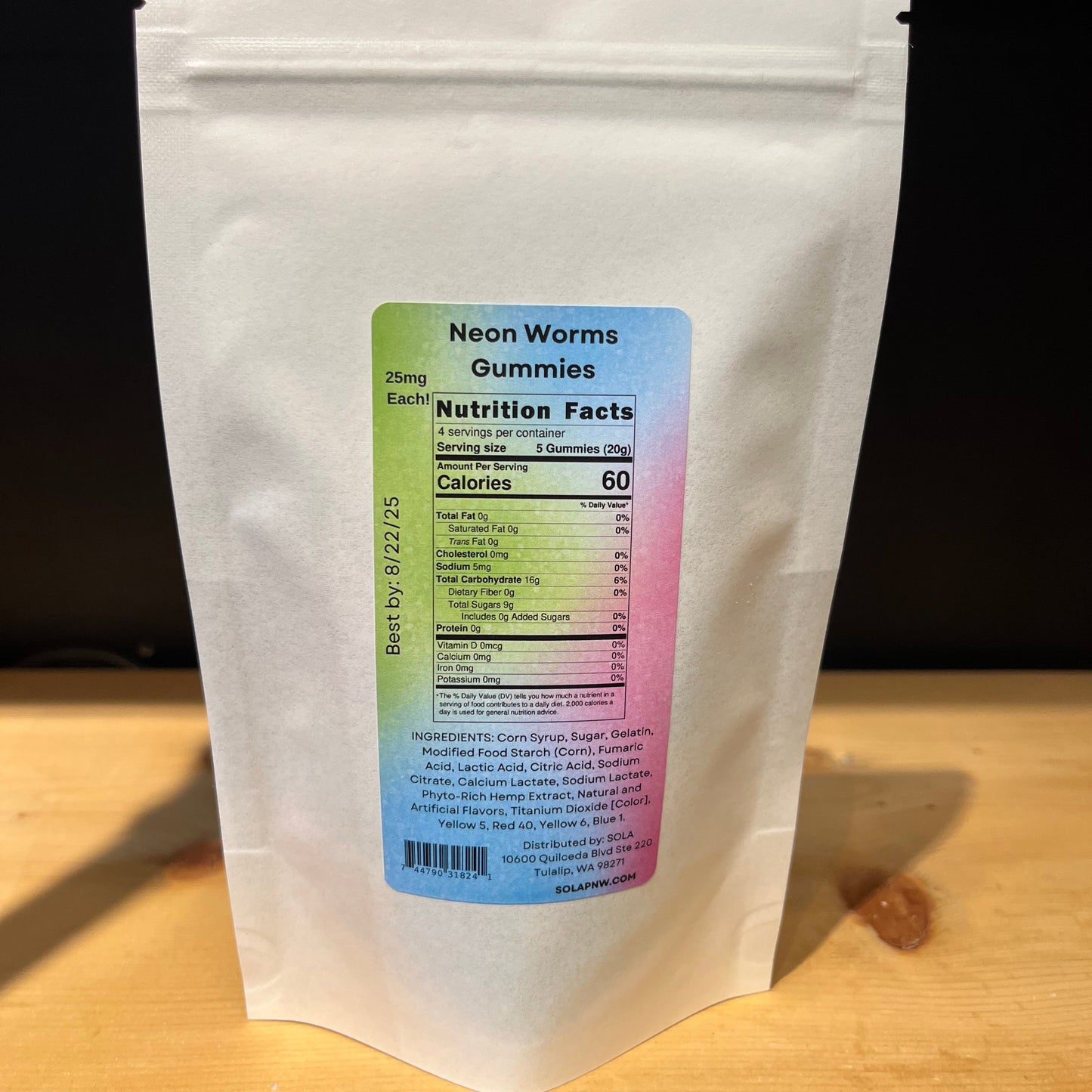The back ingredient label of our Chill Neon Worms — THC-free hemp-based CBD + CBG gummy worms — 25 mg each (500 mg total). Non-drowsy calm and pain relief.