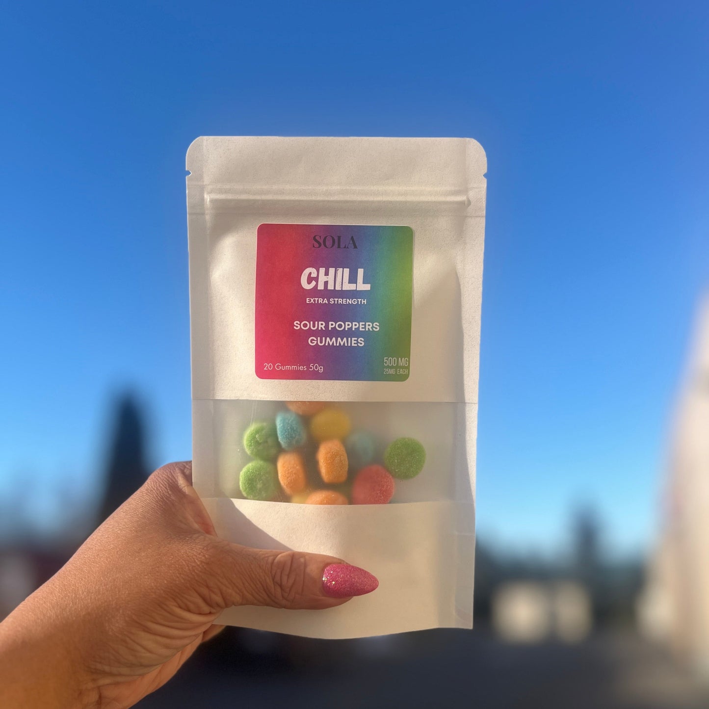 Chill Sour Poppers — THC-free hemp-based CBD + CBG gummies — 25 mg each (500 mg total). Non-drowsy calm and pain relief.