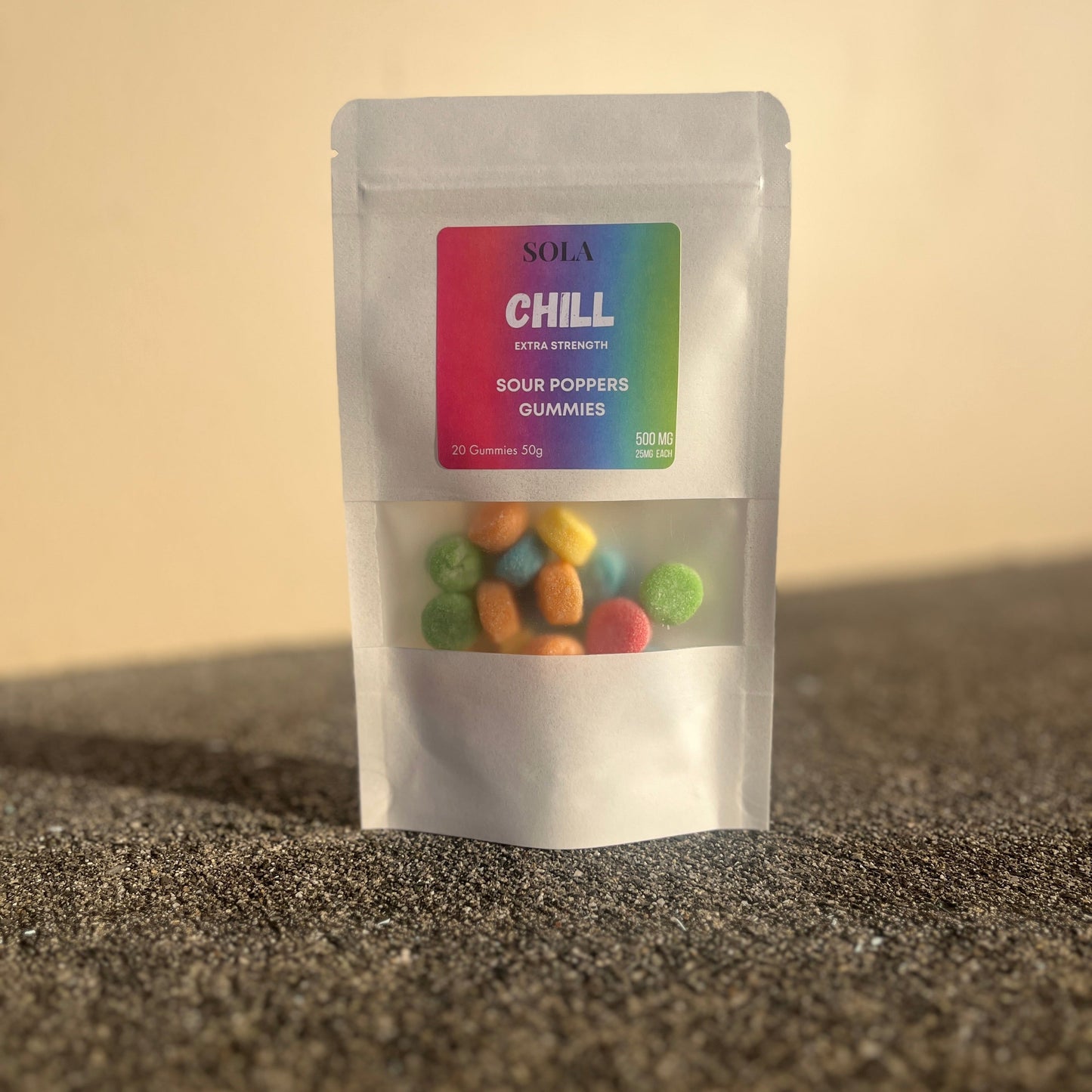 Chill Sour Poppers — THC-free hemp-based CBD + CBG gummies — 25 mg each (500 mg total). Non-drowsy calm and pain relief.