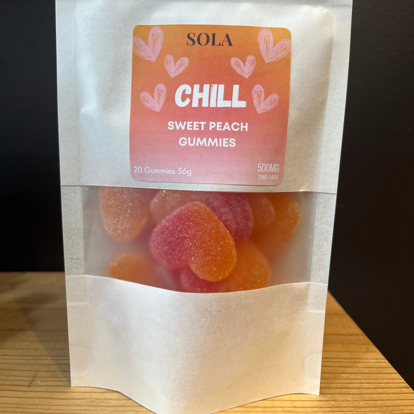 Chill Sweet Peach Gummies — THC-free hemp-based CBD + CBG gummy hearts — 25 mg each (500 mg total). Non-drowsy calm, relaxation, and pain relief.