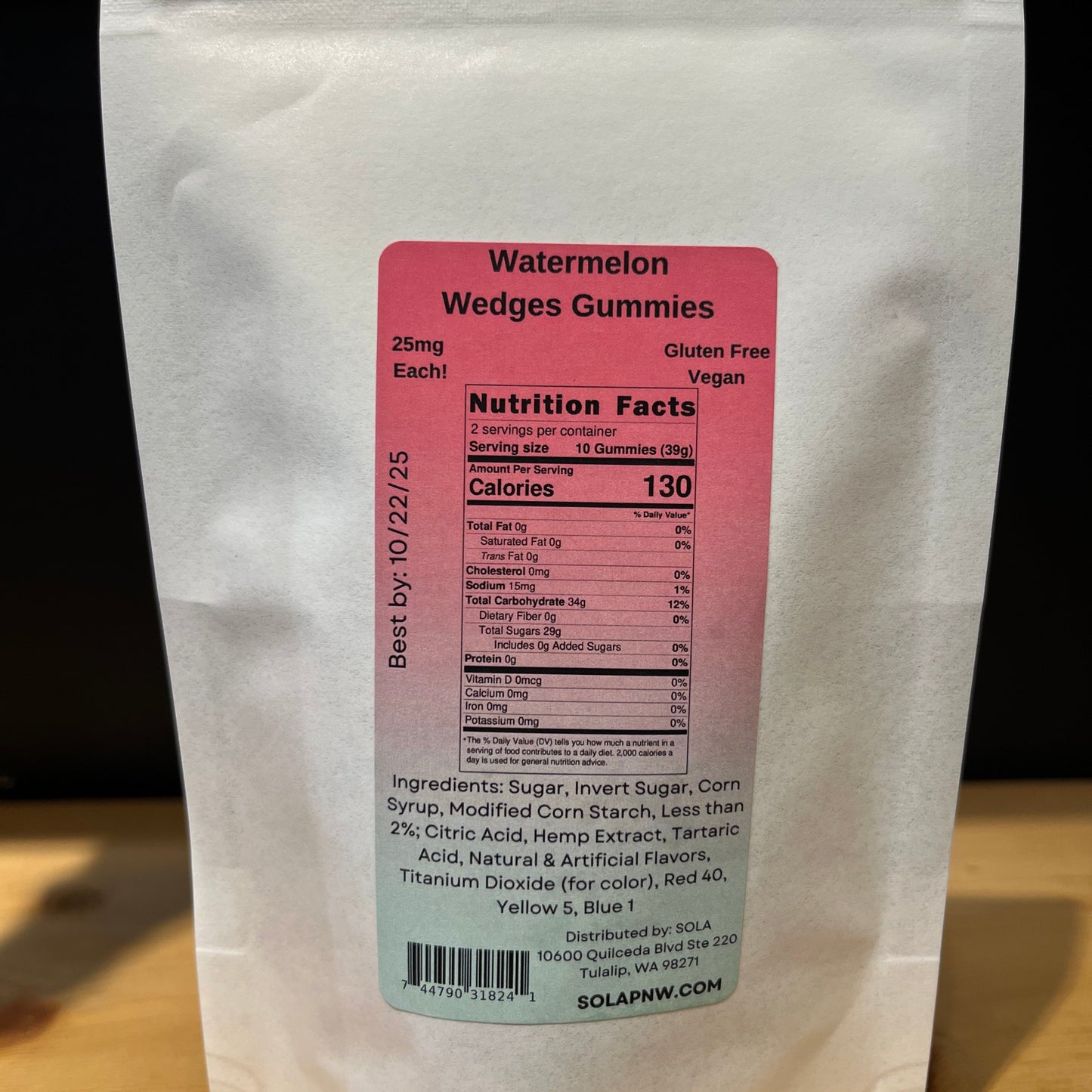 The back label, showing the ingredients of our Chill Watermelon Wedges — THC-free hemp-based CBD + CBG gummies — 25 mg each (500 mg total). Non-drowsy calm and pain relief. Vegan and gluten free.