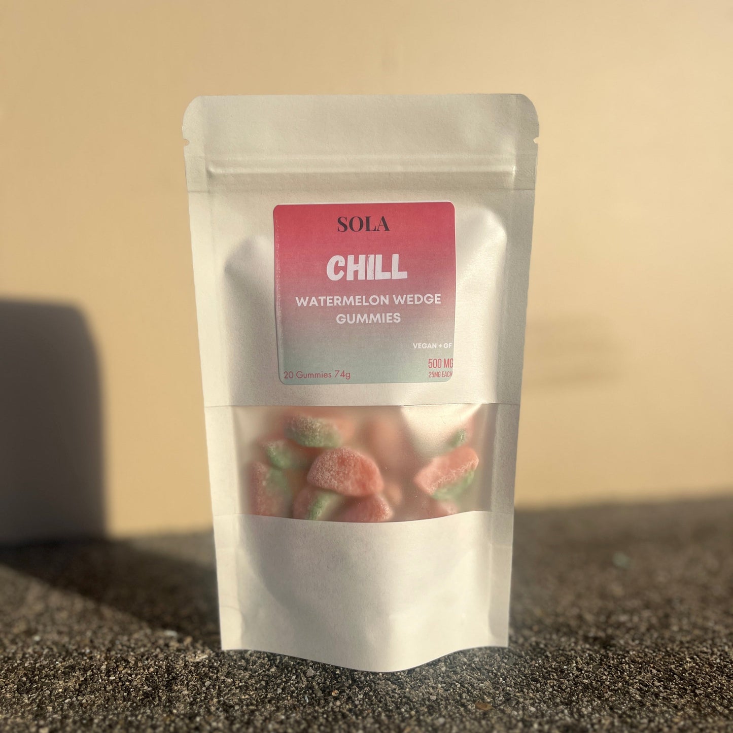 Chill Watermelon Wedges — THC-free hemp-based CBD + CBG gummies — 25 mg each (500 mg total). Non-drowsy calm and pain relief. Vegan and gluten free.