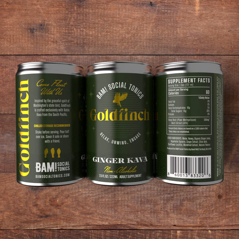 3 cans of Goldfinch Ginger Kava — a non-alcoholic adult beverage to relax and unwind, by BAM! Social Tonics, laying on a table, each showing a different side of the label.