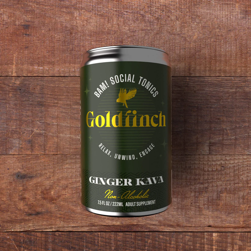 A single can of Goldfinch Ginger Kava — a non-alcoholic adult beverage to relax and unwind, by BAM! Social Tonics, with the front label visible.