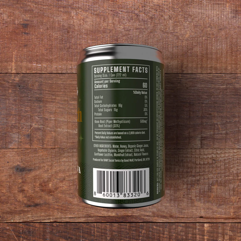 Side of a single can of Goldfinch Ginger Kava — a non-alcoholic adult beverage to relax and unwind, by BAM! Social Tonics. The label shows supplement facts and ingredients.