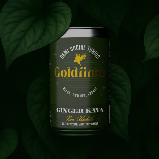 A single can of Goldfinch Ginger Kava — a non-alcoholic adult beverage to relax and unwind, by BAM! Social Tonics. The can appears over a dark green background of kava leaves.