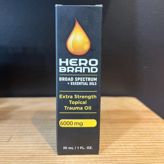 High potency Hero Trauma Oil combines 6000 mg broad-spectrum CBD with arnica, peppermint & eucalyptus essential oils for powerful, THC-free relief from pain, soreness & tension.