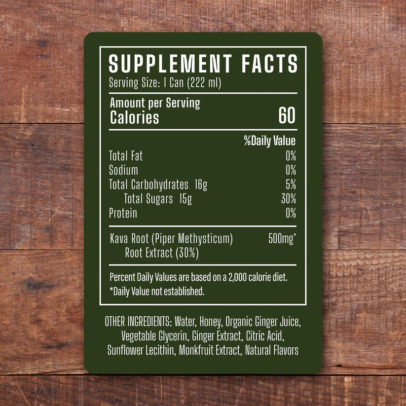 Supplement Facts and ingredient label on a can of Goldfinch Ginger Kava — a non-alcoholic adult beverage to relax and unwind, by BAM! Social Tonics. The label lists nutritional values such as calories, carbohydrates, and sugars, plus 500 mg kava root extract and natural ingredients like water, honey, and ginger.