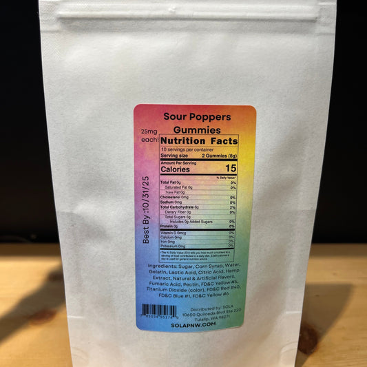 The back label of our Sour Poppers Chill CBD & CBG gummies shows that we use only hemp-extract. Release your stress and anxiety, and enjoy.