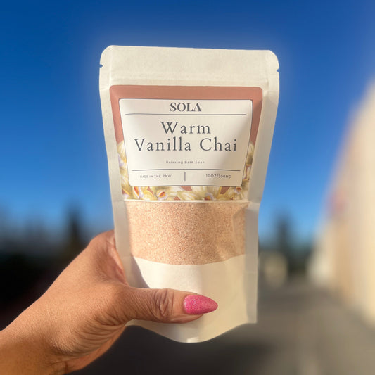 Warm Vanilla Chai scented hemp-based CBD mineral bath soak — THC-free salt blend to Soothe and Rejuvenate the Mind & Body.