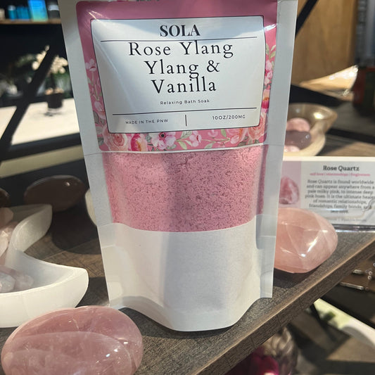 Soak Away Stress with Therapeutic Ylang Ylang, Rose, and Vanilla scented CBD Bath Soak | THC-free mineral salt blend for Relaxation & Muscle Recovery.