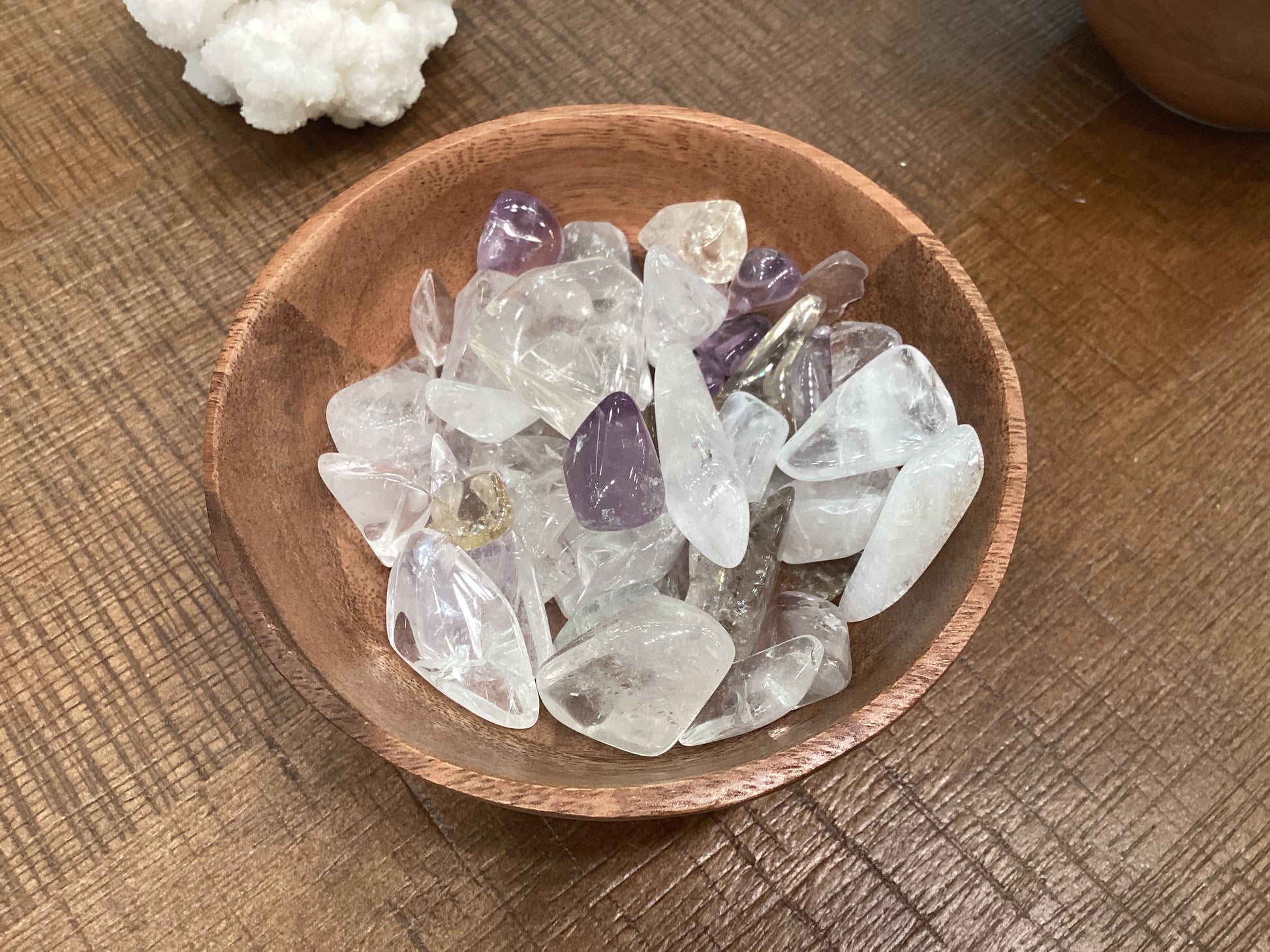 Assorted colored, semi-transparent quartz crystals stones.