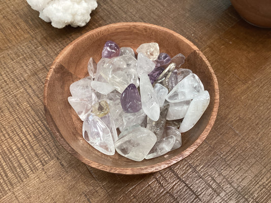 Assorted colored, semi-transparent quartz crystals stones.