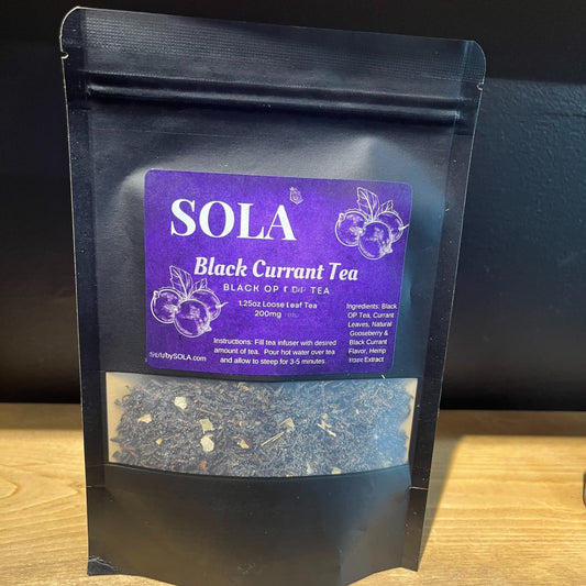 Black Currant Loose Leaf CBD Tea — a rich, fruity blend of black tea, currant leaves, and organic hemp CBD for relaxation, balance, and antioxidant wellness. THC-free.